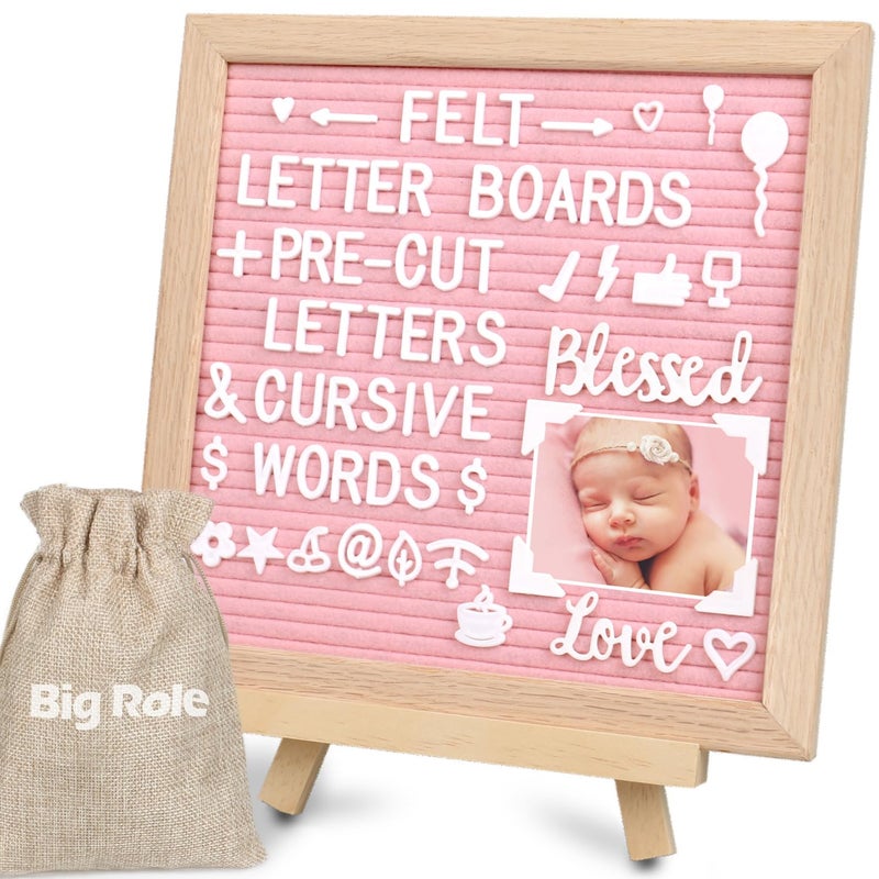 Big Role Pink Felt Letter Board 10x10in Changeable Letter Board with Letters White Precut, Felt Message Board, Oak Frame Wooden Letter Board, Baby Announcement Sign, Pregnancy Milestones Classroom Office Decor - Image 1